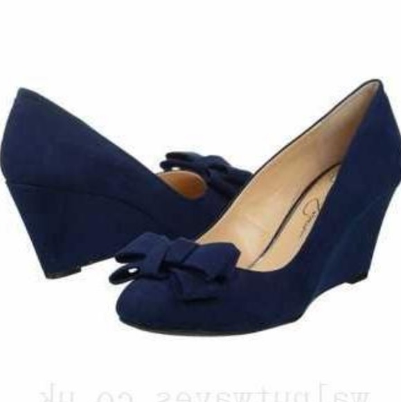 Jessica Simpson Shoes Navy Blue Suede Bow Wedges Poshmark